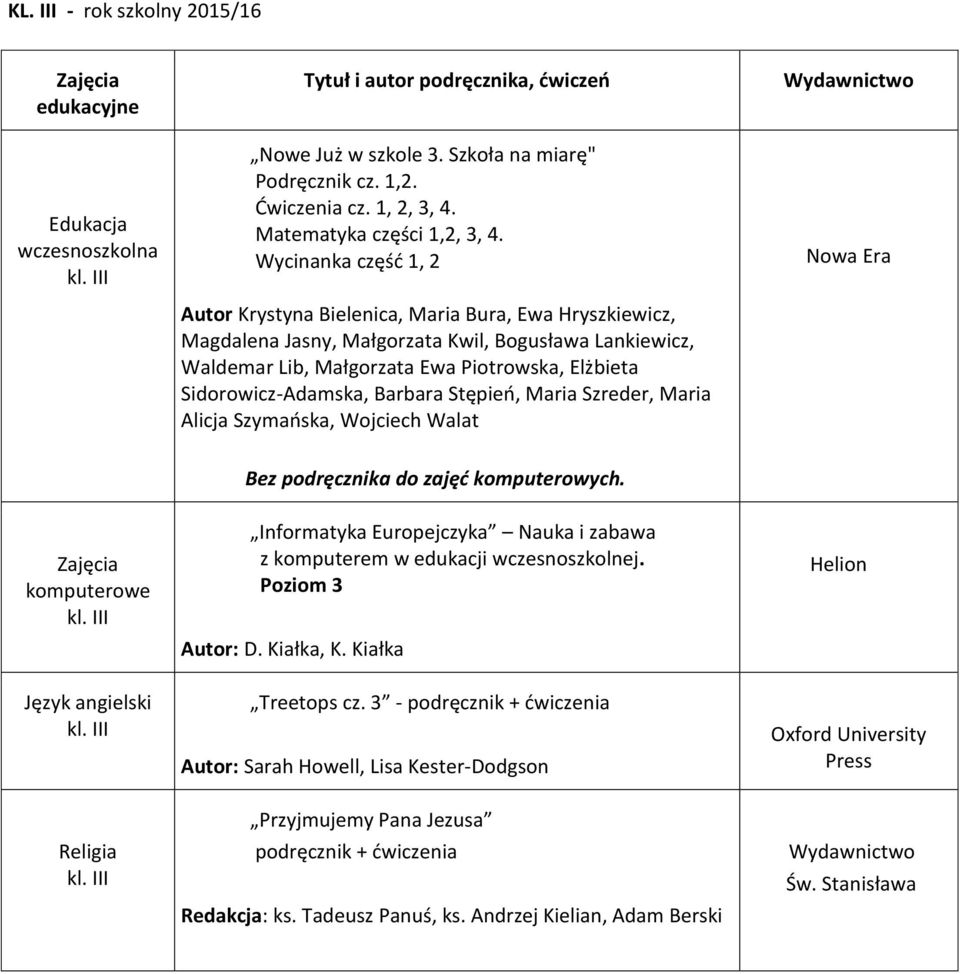 Sidorowicz-Adamska, Barbara Stępień, Maria Szreder, Maria Alicja Szymańska, Wojciech Walat Bez podręcznika do zajęć komputerowych.