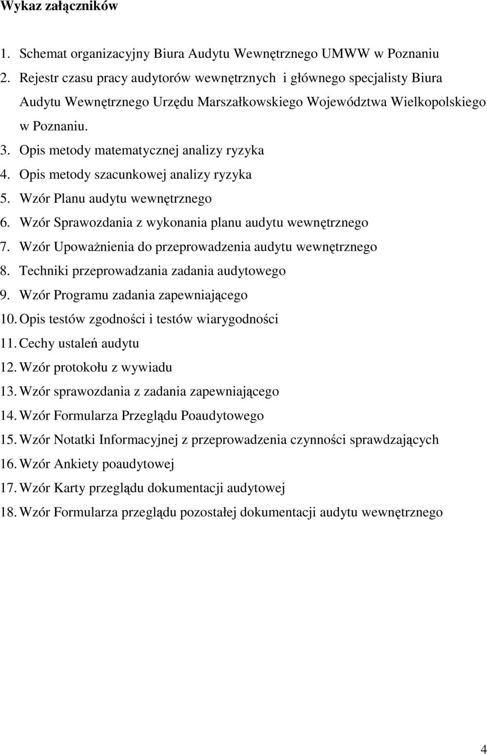 Opis metody matematycznej analizy ryzyka 4. Opis metody szacunkowej analizy ryzyka 5. Wzór Planu audytu wewnętrznego 6. Wzór Sprawozdania z wykonania planu audytu wewnętrznego 7.