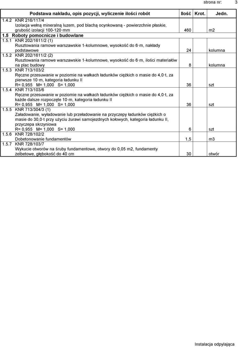 Roboty pomocnicze i budowlane 1.5.1 KNR 202/1611/2 (1) Rusztowania ramowe warszawskie 1-kolumnowe, wysokość do 6 m, nakłady podstawowe 24 kolumna 1.5.2 KNR 202/1611/2 (2) Rusztowania ramowe warszawskie 1-kolumnowe, wysokość do 6 m, ilości materiałów na plac budowy 8 kolumna 1.