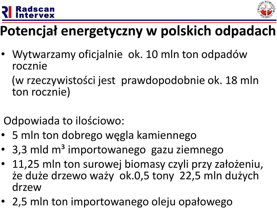 18 mln ton rocznie) Odpowiada to ilościowo: 5 mln ton dobrego węgla kamiennego 3,3 mld m³