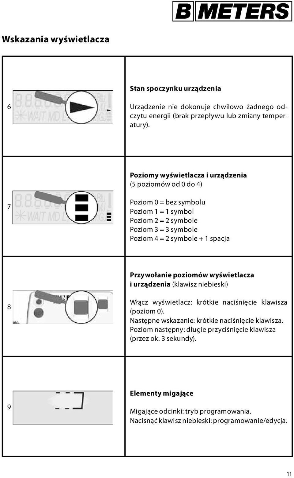 spacja Przywołanie poziomów wyświetlacza i urządzenia (klawisz niebieski) 8 Włącz wyświetlacz: krótkie naciśnięcie klawisza (poziom 0).