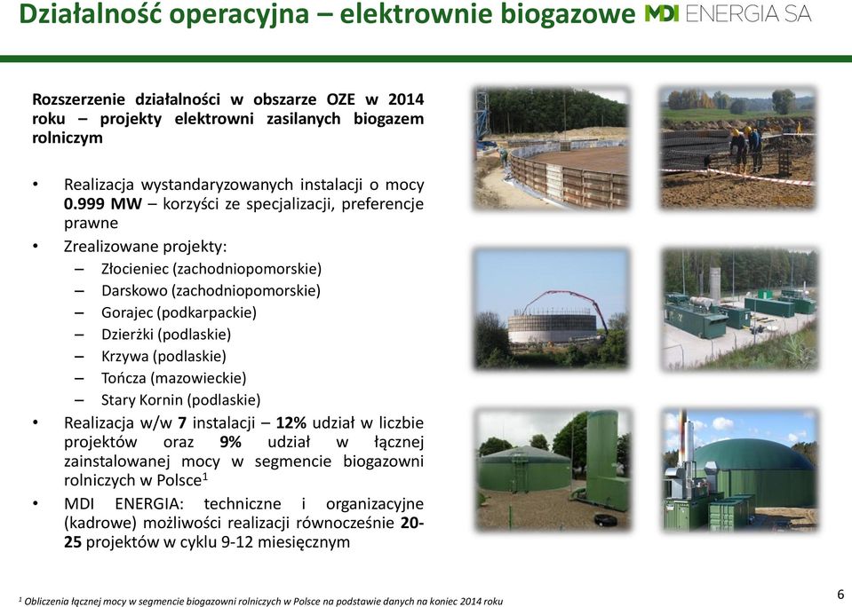 (podlaskie) Tończa (mazowieckie) Stary Kornin (podlaskie) Realizacja w/w 7 instalacji 2% udział w liczbie projektów oraz 9% udział w łącznej zainstalowanej mocy w segmencie biogazowni rolniczych w