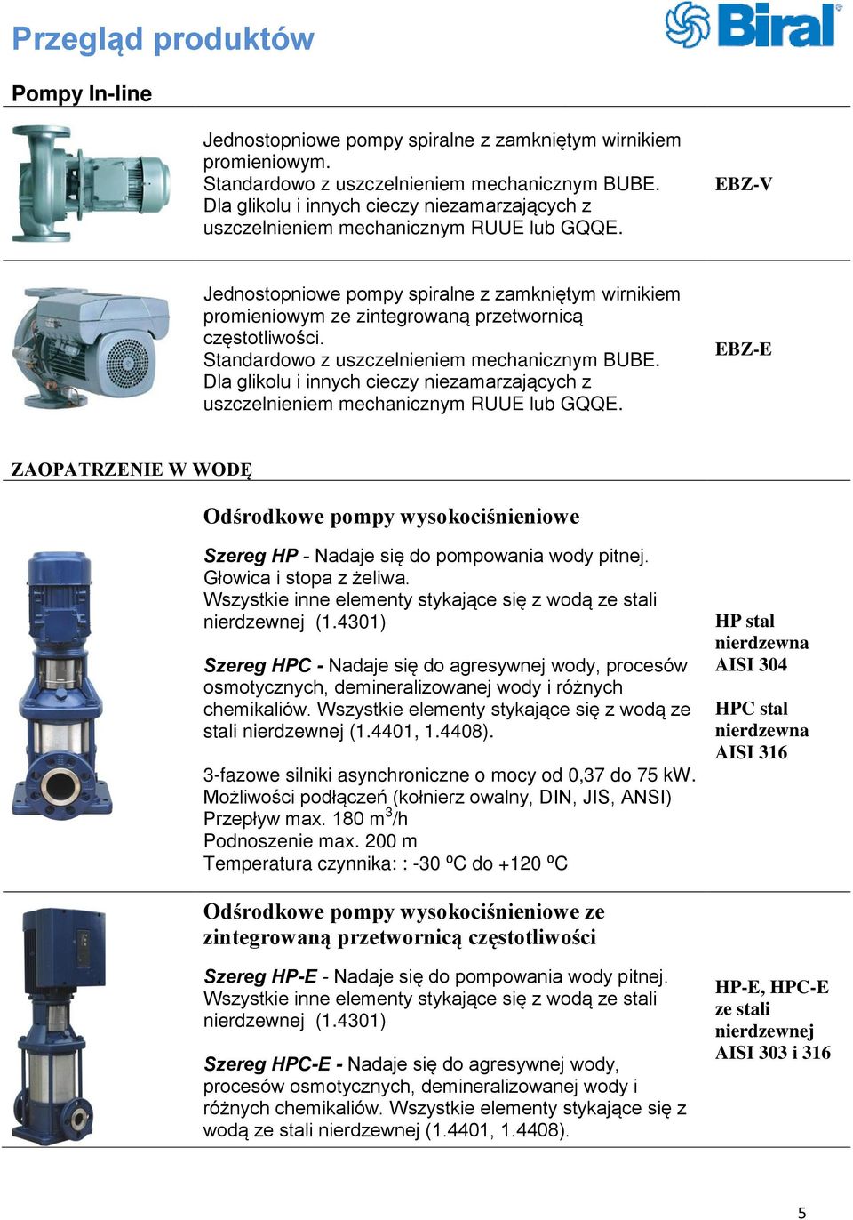 EBZ-V Jednostopniowe pompy spiralne z zamkniętym wirnikiem promieniowym ze zintegrowaną przetwornicą częstotliwości. Standardowo z uszczelnieniem mechanicznym BUBE.