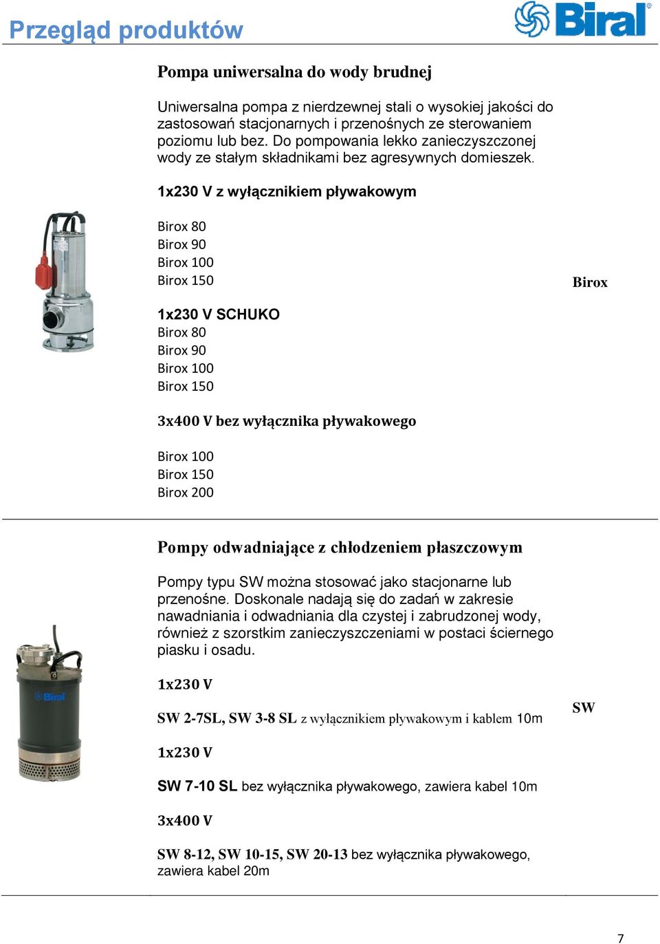 1x230 V z wyłącznikiem pływakowym Birox 80 Birox 90 Birox 100 Birox 150 Birox 1x230 V SCHUKO Birox 80 Birox 90 Birox 100 Birox 150 3x400 V bez wyłącznika pływakowego Birox 100 Birox 150 Birox 200