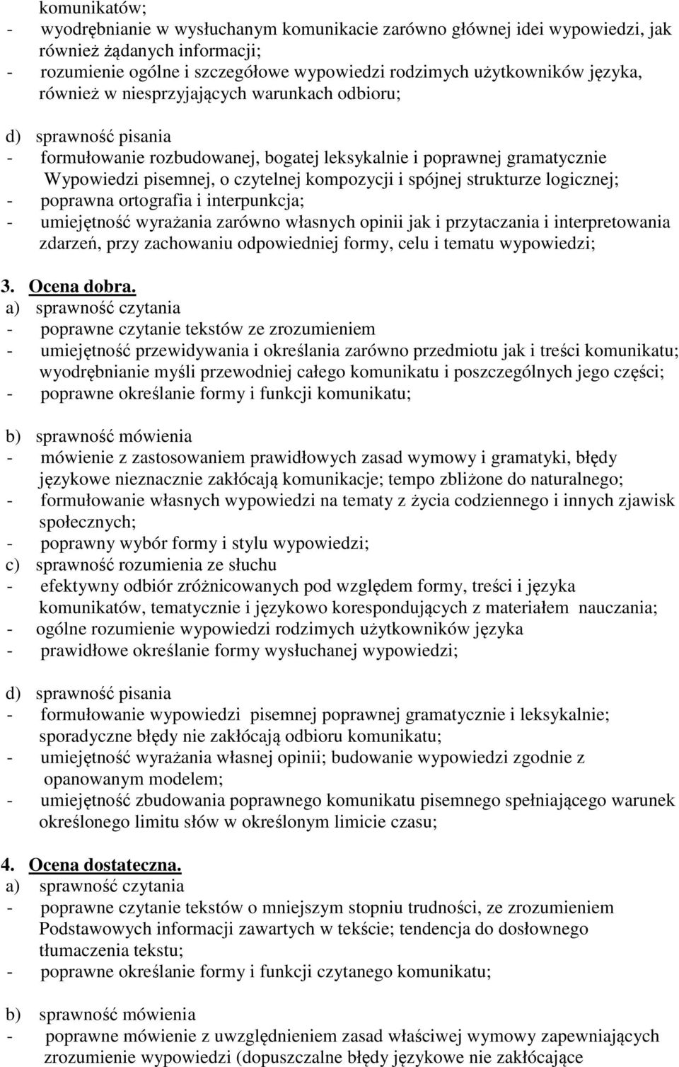 strukturze logicznej; - poprawna ortografia i interpunkcja; - umiejętność wyrażania zarówno własnych opinii jak i przytaczania i interpretowania zdarzeń, przy zachowaniu odpowiedniej formy, celu i