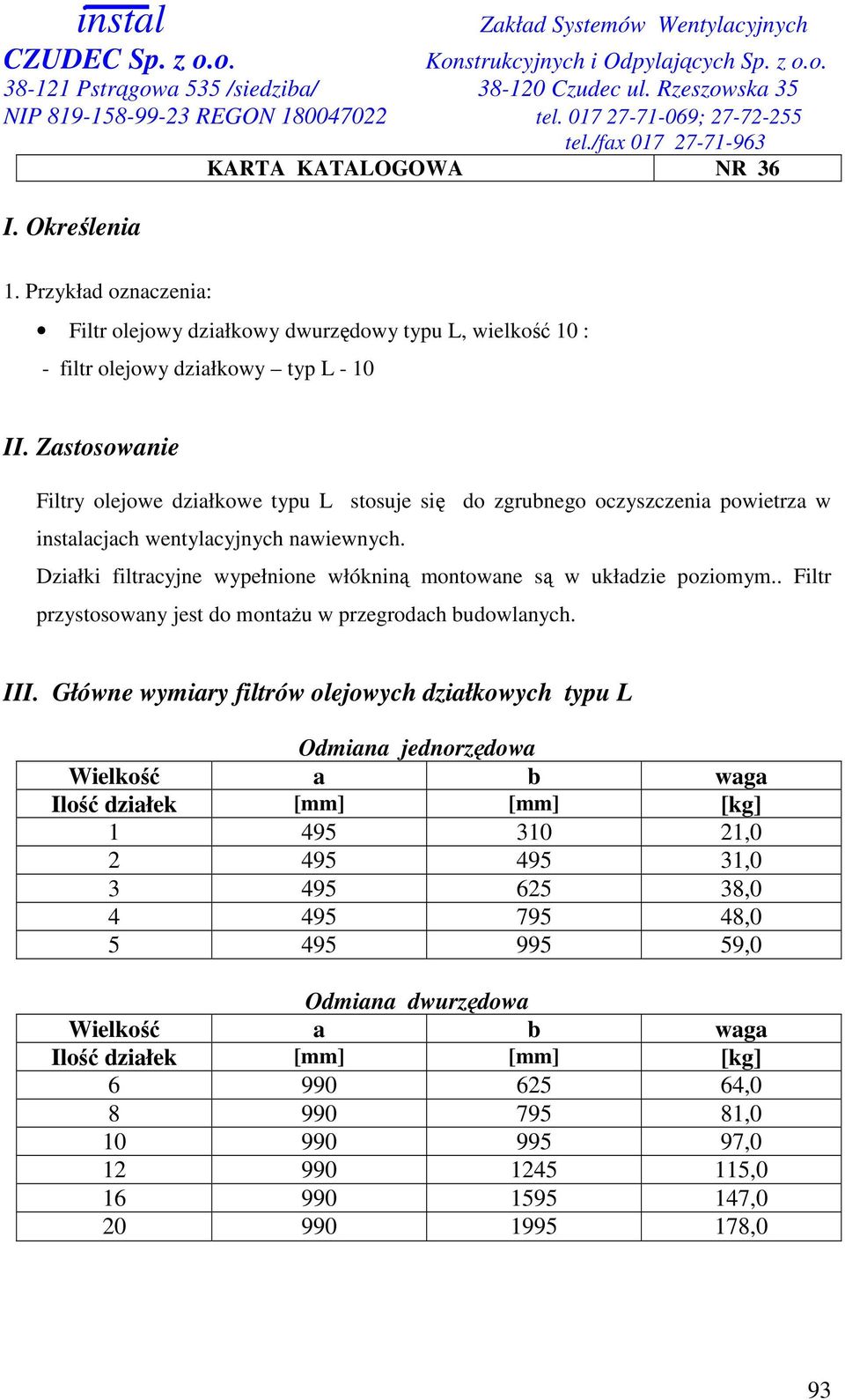 Działki filtracyjne wypełnione włókniną montowane są w układzie poziomym.. Filtr przystosowany jest do montaŝu w przegrodach budowlanych. III.