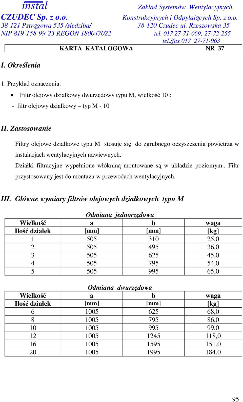 Działki filtracyjne wypełnione włókniną montowane są w układzie poziomym.. Filtr przystosowany jest do montaŝu w przewodach wentylacyjnych. III.