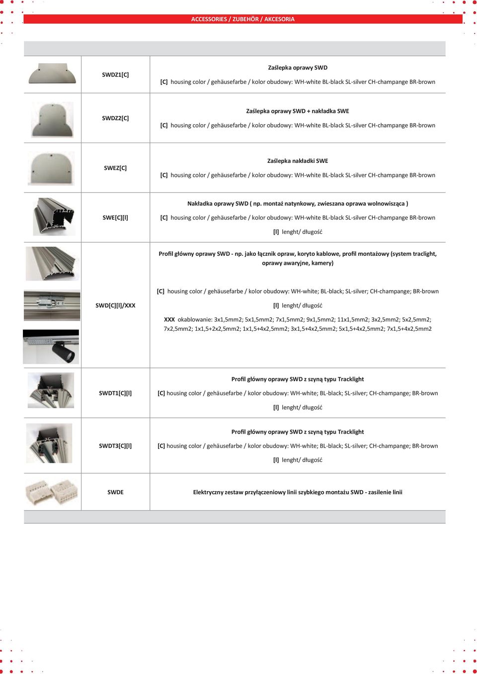 jako łącznik opraw, koryto kablowe, profil montażowy (system traclight, oprawy awaryjne, kamery) SWD[C][l]/XXX XXX okablowanie: 3x1,5mm2; 5x1,5mm2; 7x1,5mm2; 9x1,5mm2; 11x1,5mm2;
