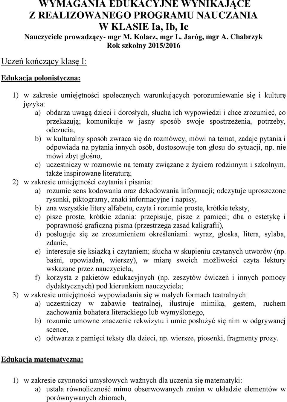 dorosłych, słucha ich wypowiedzi i chce zrozumieć, co przekazują; komunikuje w jasny sposób swoje spostrzeżenia, potrzeby, odczucia, b) w kulturalny sposób zwraca się do rozmówcy, mówi na temat,