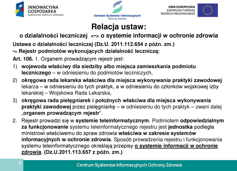 6. 1. Organem prowadzącym rejestr jest: 1) wojewoda właściwy dla siedziby albo miejsca zamieszkania podmiotu leczniczego w odniesieniu do podmiotów leczniczych, 2) okręgowa rada lekarska właściwa dla