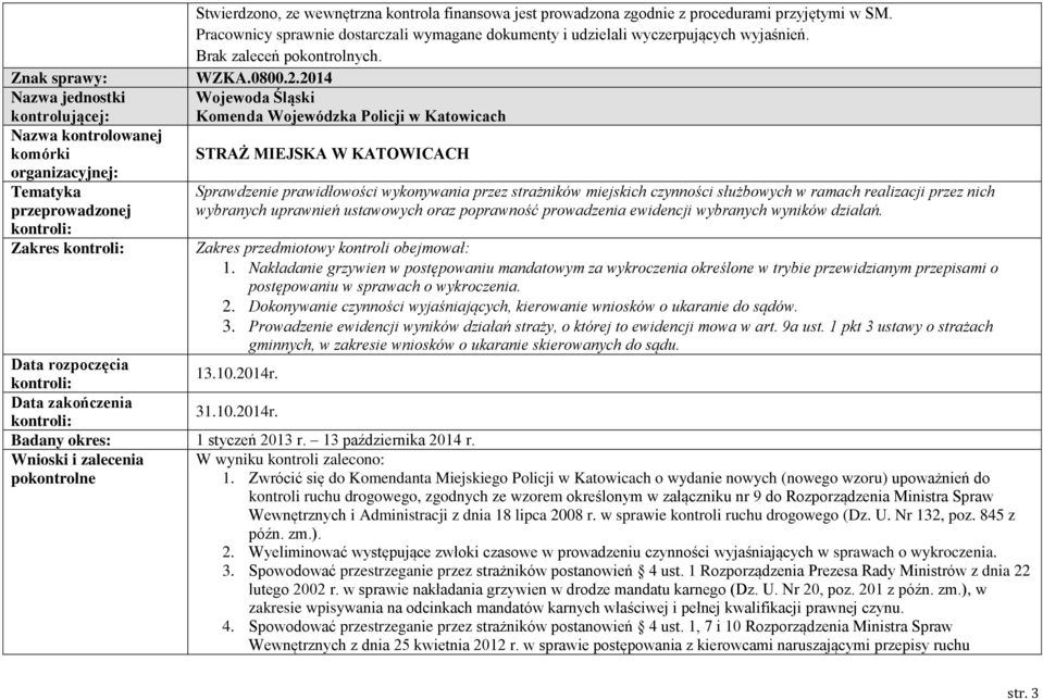 2014 Wojewoda Śląski Komenda Wojewódzka Policji w Katowicach STRAŻ MIEJSKA W KATOWICACH Sprawdzenie prawidłowości wykonywania przez strażników miejskich czynności służbowych w ramach realizacji przez