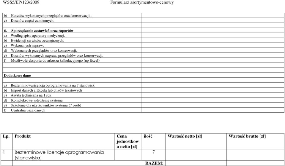 f) MoŜliwość eksportu do arkusza kalkulacyjnego (np Excel) Dodatkowe dane a) Bezterminowa licencja oprogramowania na 7 stanowisk b) Import danych z Excela lub plików tekstowych c) Asysta