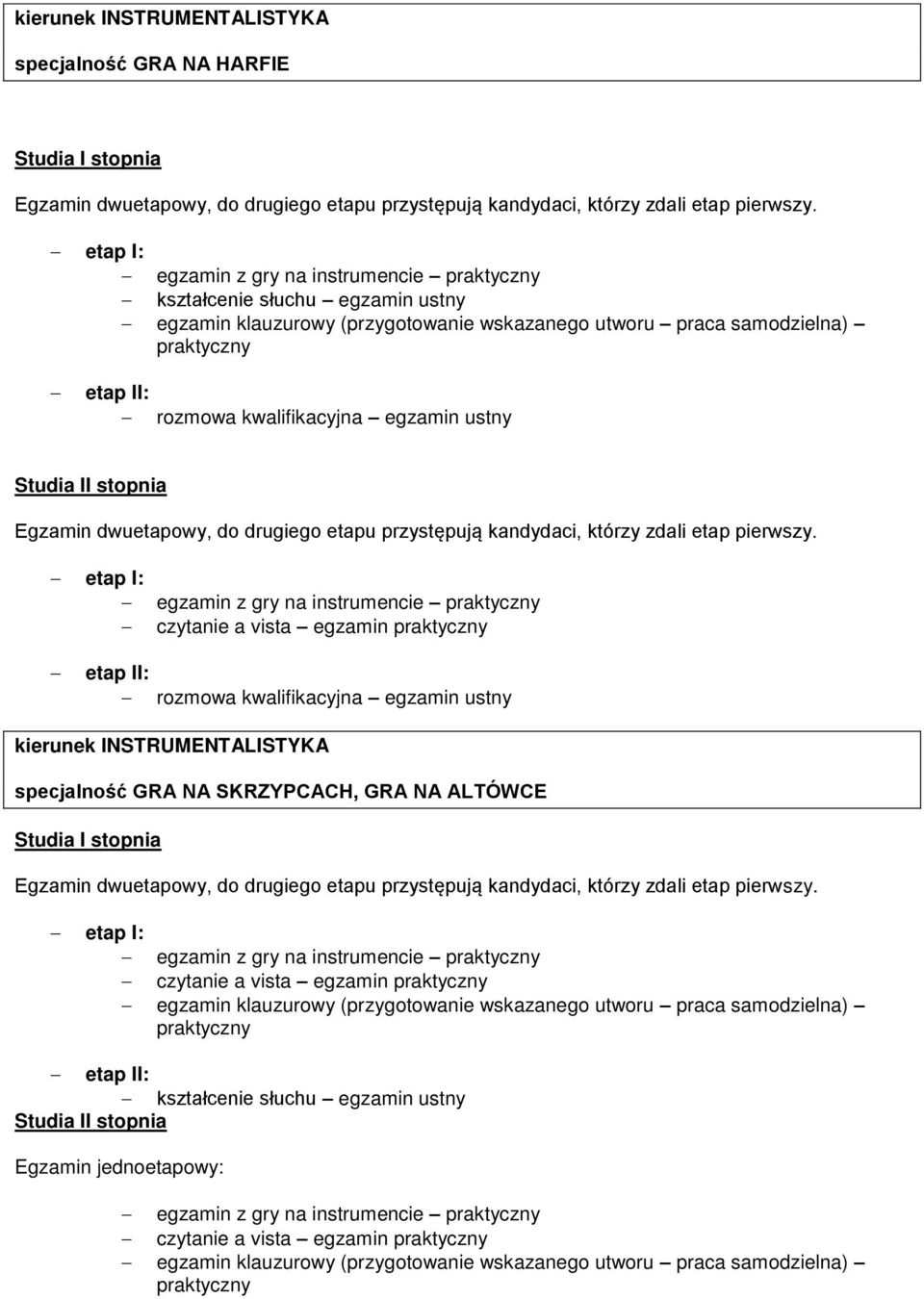 kierunek INSTRUMENTALISTYKA specjalność GRA NA SKRZYPCACH, GRA NA ALTÓWCE etap I: egzamin z gry na instrumencie czytanie a vista egzamin egzamin klauzurowy (przygotowanie wskazanego