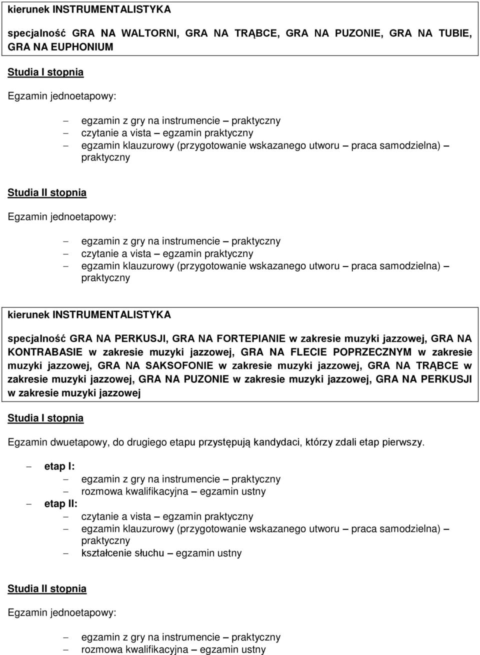 INSTRUMENTALISTYKA specjalność GRA NA PERKUSJI, GRA NA FORTEPIANIE w zakresie muzyki jazzowej, GRA NA KONTRABASIE w zakresie muzyki jazzowej, GRA NA FLECIE POPRZECZNYM w zakresie muzyki jazzowej, GRA