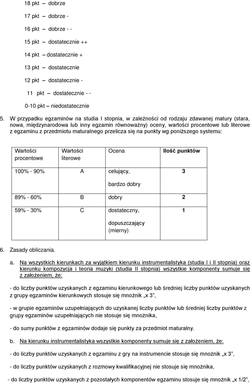 przedmiotu maturalnego przelicza się na punkty wg poniższego systemu: Wartości procentowe Wartości literowe Ocena Ilość punktów 100% - 90% A celujący, 3 bardzo dobry 89% - 60% B dobry 2 59% - 30% C