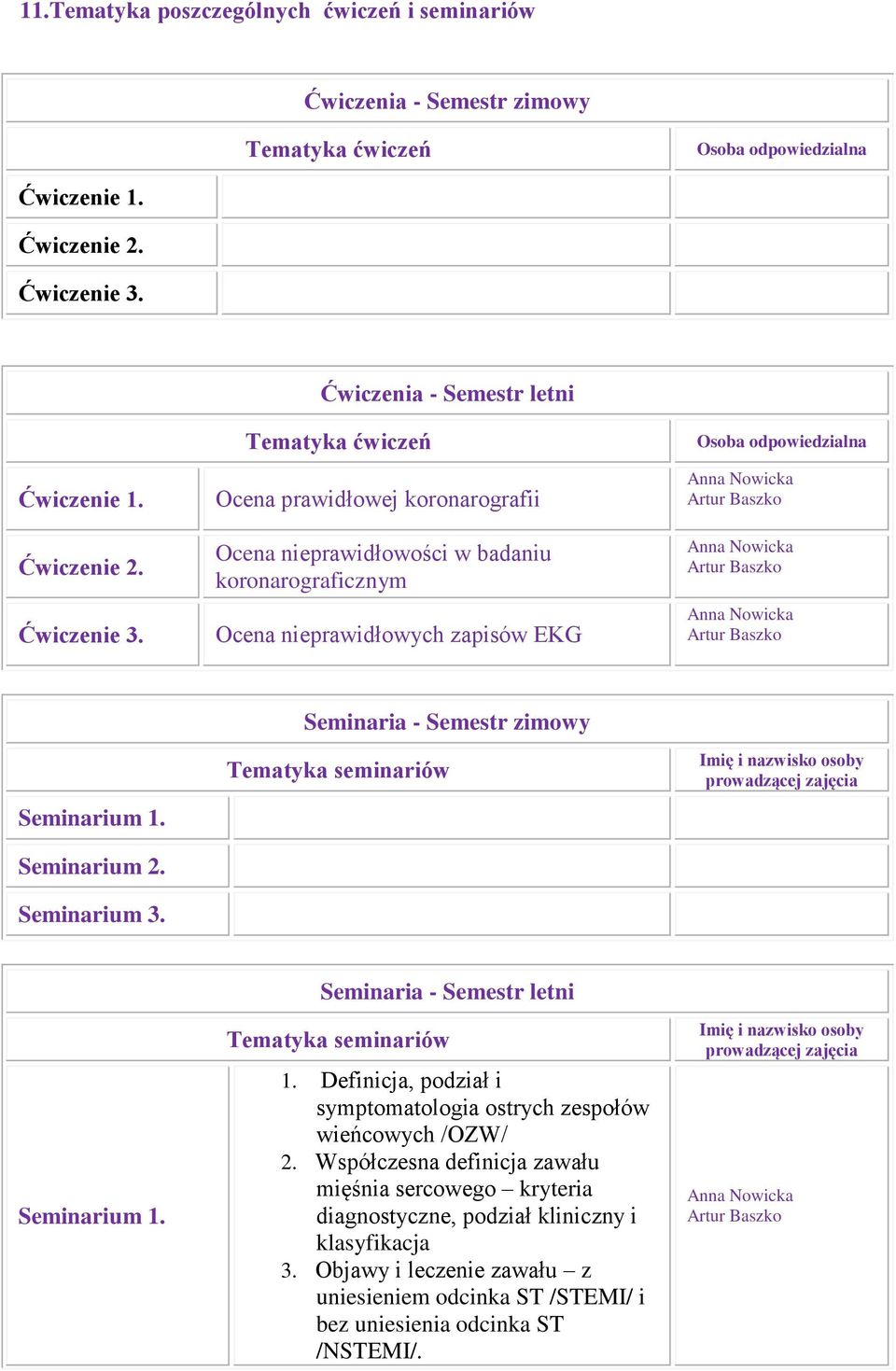 Seminarium 2. Seminarium 3. Seminaria - Semestr zimowy Tematyka seminariów Imię i nazwisko osoby prowadzącej zajęcia Seminarium 1. Seminaria - Semestr letni Tematyka seminariów 1.