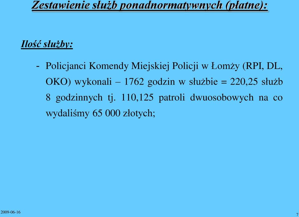 wykonali 1762 godzin w służbie = 220,25 służb 8 godzinnych tj.