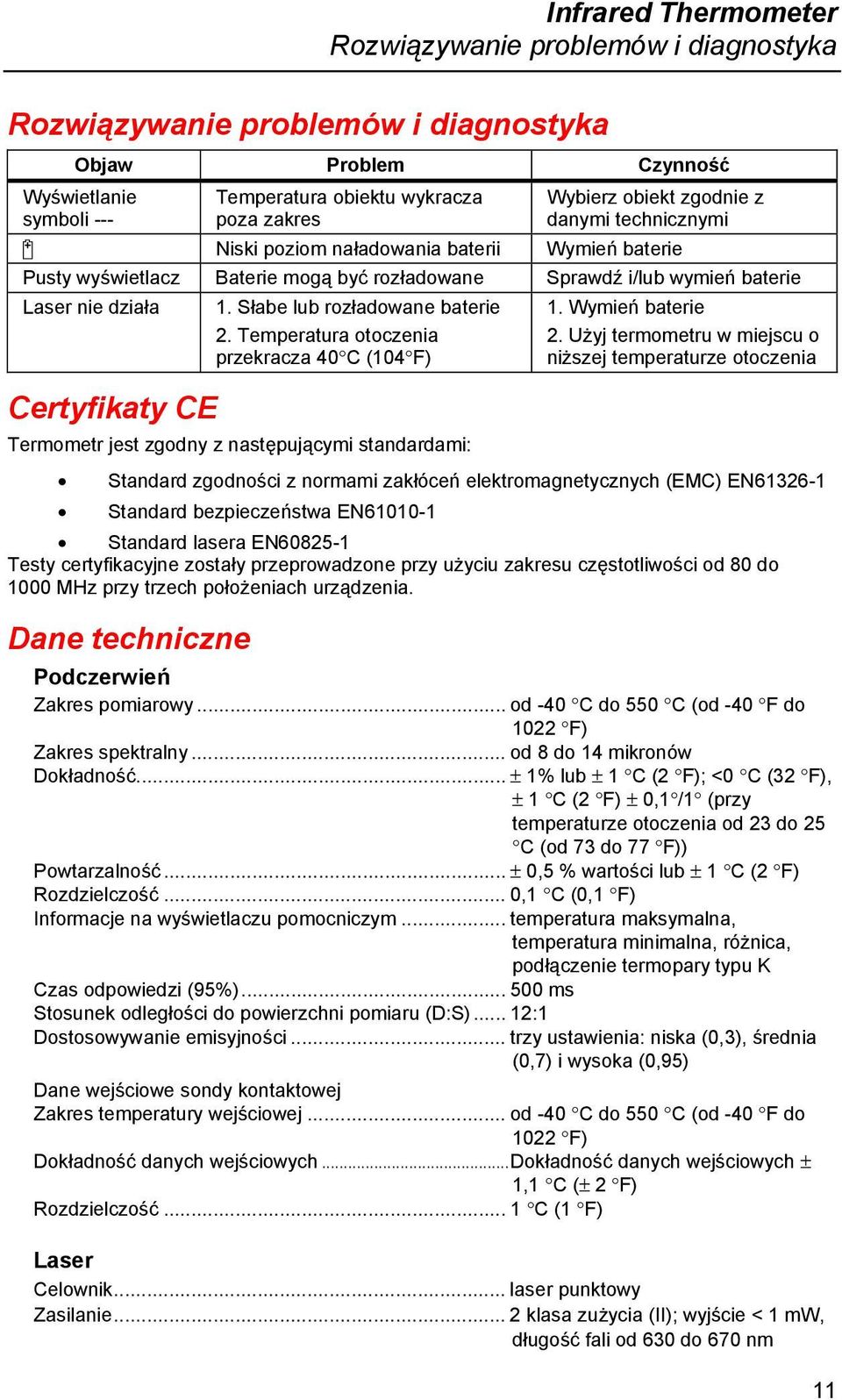 Słabe lub rozładowane baterie 2. Temperatura otoczenia przekracza 40 C (104 F) 1. Wymień baterie 2.