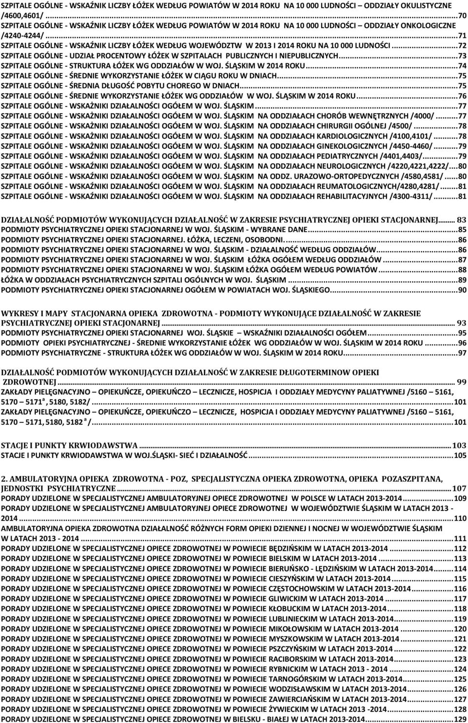 .. 71 SZPITALE OGÓLNE - WSKAŹNIK LICZBY ŁÓŻEK WEDŁUG WOJEWÓDZTW W 2013 I 2014 ROKU NA 10 000 LUDNOŚCI... 72 SZPITALE OGÓLNE - UDZIAŁ PROCENTOWY ŁÓŻEK W SZPITALACH PUBLICZNYCH I NIEPUBLICZNYCH.