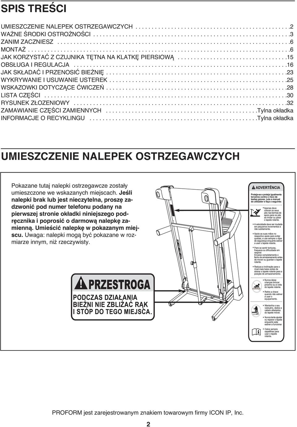 .................................15 OBSŁUGA I REGULACJA..................................................................16 JAK SKŁADAĆ I PRZENOSIĆ BIEŻNIĘ........................................................2 WYKRYWANIE I USUWANIE USTEREK.