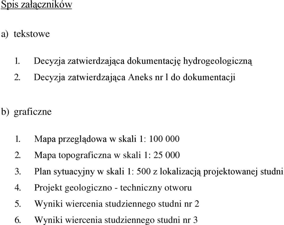 Mapa topograficzna w skali 1: 25 000 3. Plan sytuacyjny w skali 1: 500 z lokalizacją projektowanej studni 4.