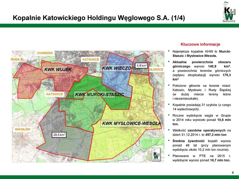 i Rudy Śląskiej (w dużej mierze tereny leśne i niezamieszkałe). Kopalnie posiadają 31 szybów (z czego 14 wydechowych).