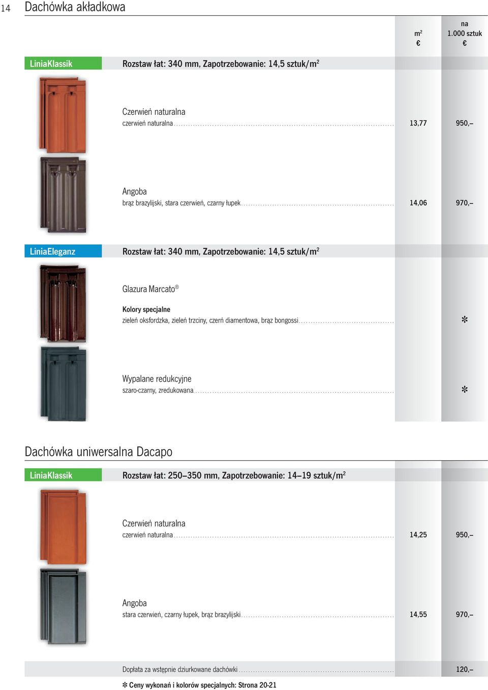............................................................... 14,06 970, LiniaEleganz Rozstaw łat: 340 mm, Zapotrzebowanie: 14,5 sztuk/m 2 Glazura Marcato Kolory specjalne zieleń oksfordzka, zieleń trzciny, czerń diamentowa, brąz bongossi.