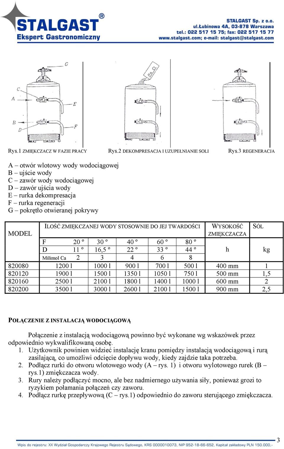 WODY STOSOWNIE DO JEJ TWARDOŚCI WYSOKOŚĆ ZMIĘKCZACZA MODEL F 20 º 30 º 40 º 60 º 80 º D 11 º 16,5 º 22 º 33 º 44 º h kg Milimol Ca 2 3 4 6 8 820080 1200 l 1000 l 900 l 700 l 500 l 400 mm 1 820120