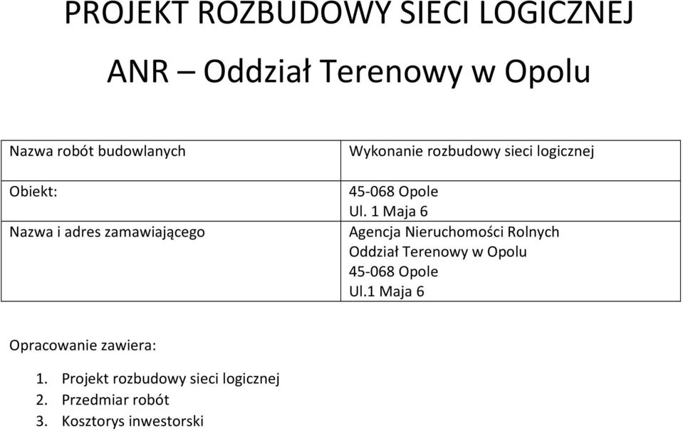 1 Maja 6 Agencja Nieruchomości Rolnych Oddział Terenowy w Opolu 45-068 Opole Ul.