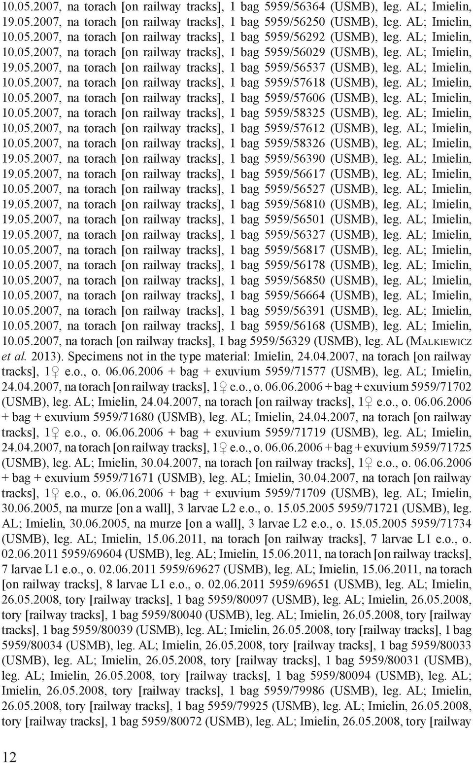 AL; Imielin, 10.05.2007, na torach [on railway tracks], 1 bag 5959/57606 (USMB), leg. AL; Imielin, 10.05.2007, na torach [on railway tracks], 1 bag 5959/58325 (USMB), leg. AL; Imielin, 10.05.2007, na torach [on railway tracks], 1 bag 5959/57612 (USMB), leg.