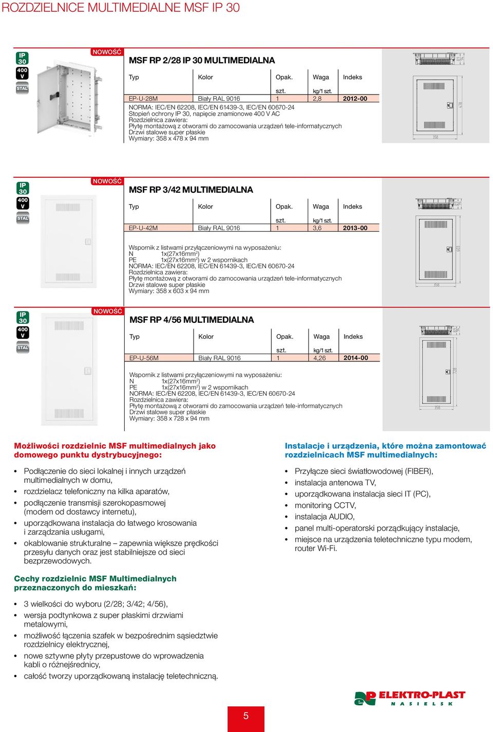 Rozdzielnica zawiera: Płytę montażową z otworami do zamocowania urządzeń tele-informatycznych Drzwi stalowe super płaskie Wymiary: 358 x 603 x 94 mm MSF RP 4/56 MULTIMEDIALNA EP-U-56M Biały RAL 9016