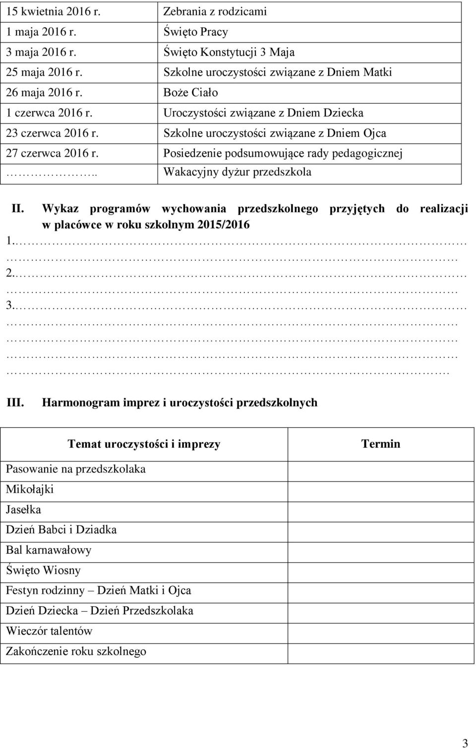 . Wakacyjny dyżur przedszkola II. Wykaz programów wychowania przedszkolnego przyjętych do realizacji w placówce w roku szkolnym 2015/2016 1. 2. 3.. III.