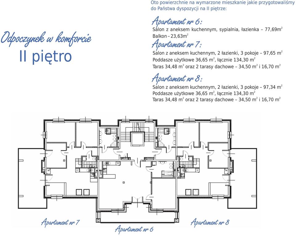 użytkowe 36,65 m, łącznie 134,30 m Taras 34,48 m oraz tarasy dachowe 34,50 m i 16,70 m Apartament nr 8 Salon z aneksem kuchennym, łazienki, 3 pokoje