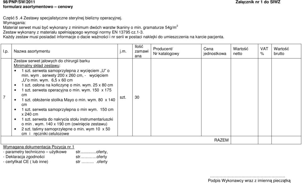 KaŜdy zestaw musi posiadać informacje o dacie waŝności i nr serii w postaci naklejki do umieszczenia na karcie pacjenta. 7 Zestaw serwet jałowych do chirurgii barku Minimalny skład zestawu: 1 szt.