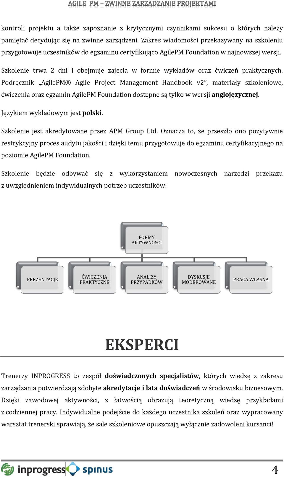 Szkolenie trwa 2 dni i obejmuje zajęcia w formie wykładów oraz ćwiczeń praktycznych.