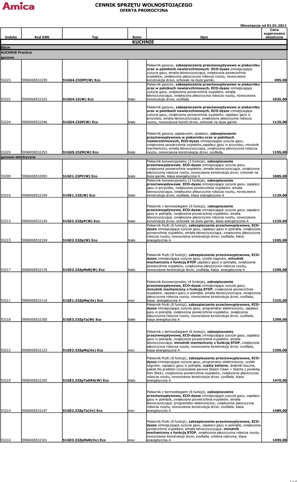 23OFP(W) Eco konstrukcja drzwi, schowek na duże garnki, 995,00 Piekarnik gazowy, zabezpieczenie przeciwwypływowe w piekarniku oraz w palnikach nawierzchniowych, ECO-dysze zmniejszające zużycie gazu,