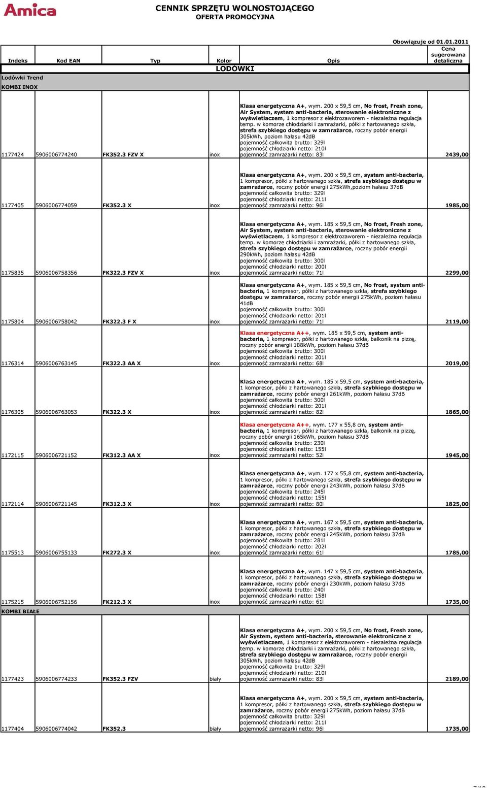 w komorze chłodziarki i zamrażarki, półki z hartowanego szkła, strefa szybkiego dostępu w zamrażarce, roczny pobór energii 305kWh, poziom hałasu 42dB pojemność całkowita brutto: 329l pojemność