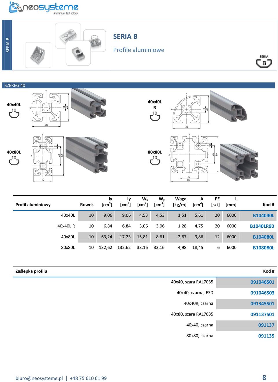 15,81 8,61 2,67 9,86 12 6000 B104080L 80x80L 10 132,62 132,62 33,16 33,16 4,98 18,45 6 6000 B108080L Zaślepka profilu Kod # 40x40, szara RAL7035 091046S01