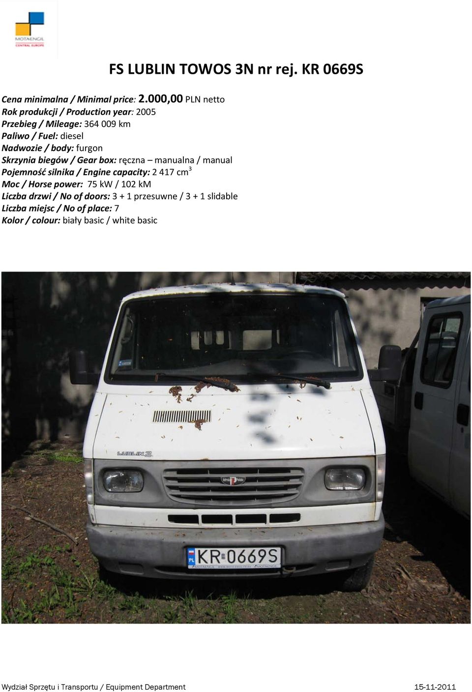 Nadwozie / body: furgon Pojemność silnika / Engine capacity: 2 417 cm 3 Moc / Horse