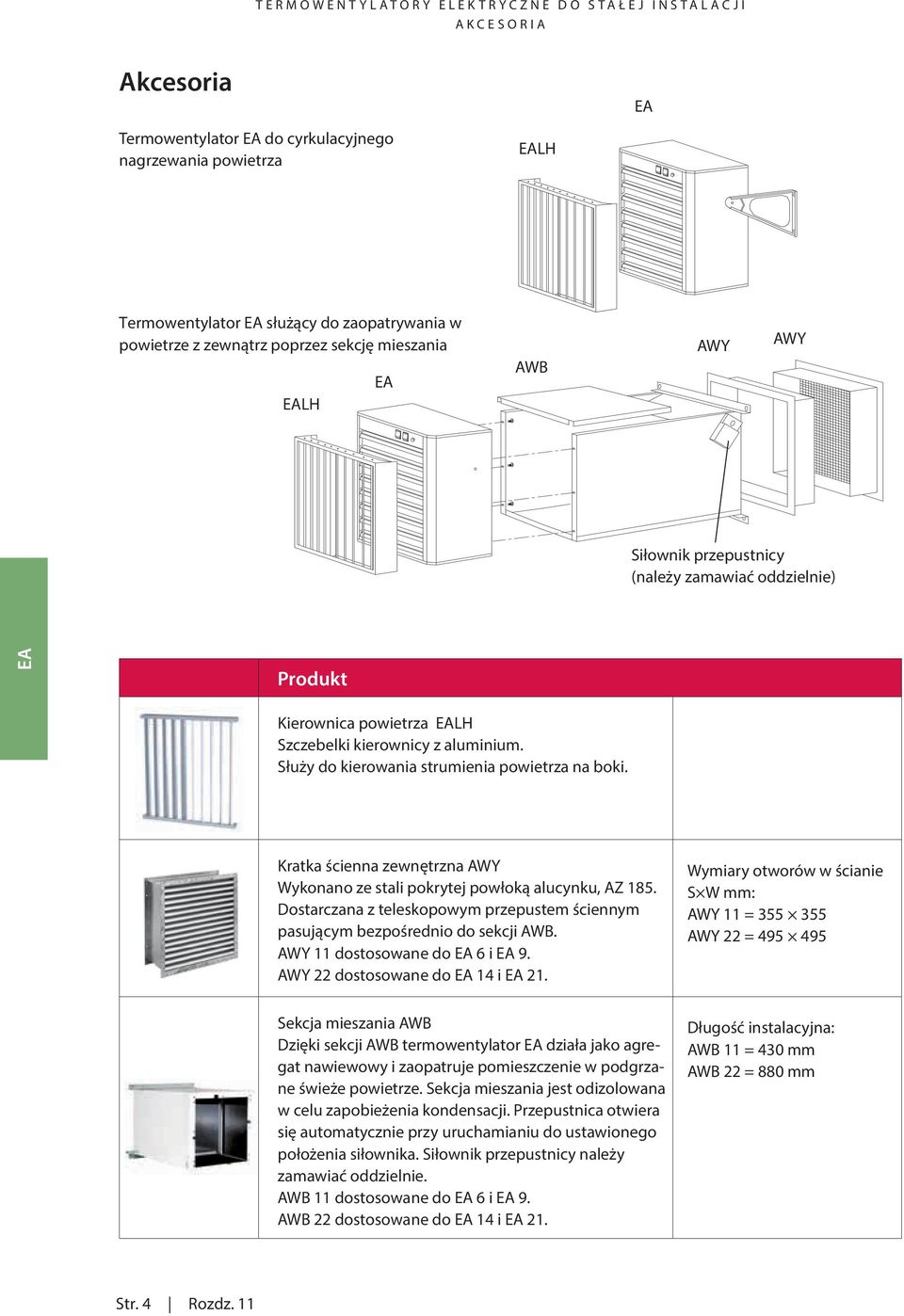 Kratka ścienna zewnętrzna AWY Wykonano ze stali pokrytej powłoką alucynku, AZ 185. Dostarczana z teleskopowym przepustem ściennym pasującym bezpośrednio do sekcji AWB. AWY 11 dostosowane do 6 i 9.