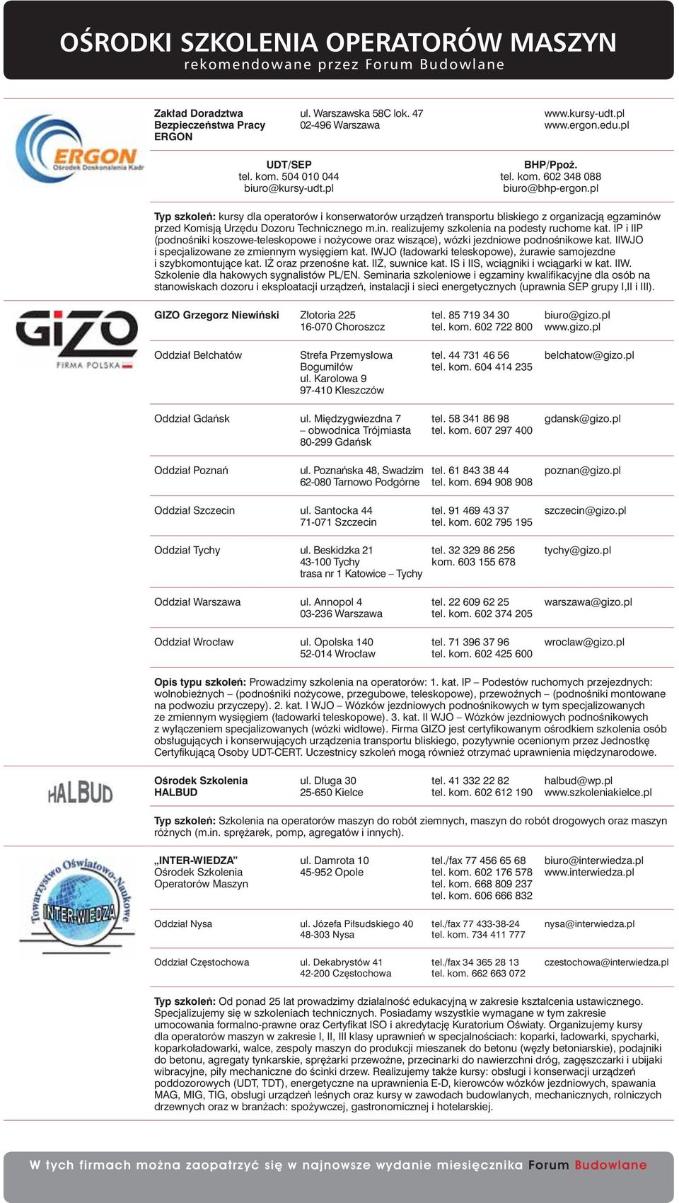 IP i IIP (podnośniki koszowe-teleskopowe i nożycowe oraz wiszące), wózki jezdniowe podnośnikowe kat. IIWJO i specjalizowane ze zmiennym wysięgiem kat.