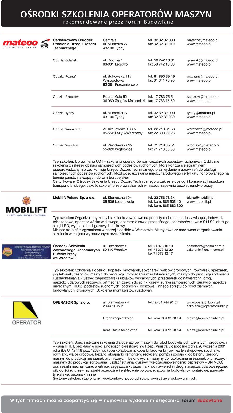 pl Oddział Rzeszów Rudna Mała 52 36-060 Głogów Małopolski tel. 17 783 75 51 fax 17 783 75 50 rzeszow@mateco.pl Oddział Tychy ul. Murarska 27 43-100 Tychy tel.