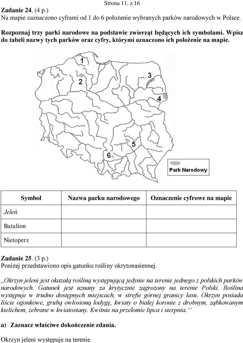 ) Poniżej przedstawiono opis gatunku rośliny okrytonasiennej.,,okrzyn jeleni jest okazałą rośliną występującą jedynie na terenie jednego z polskich parków narodowych.