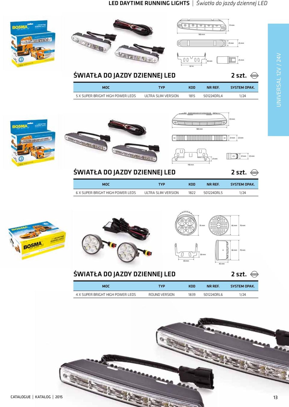 mm 110 mm Światła do jazdy dziennej LED 2 szt. Moc TYP KOD NR REF. SYSTEM OPAK.