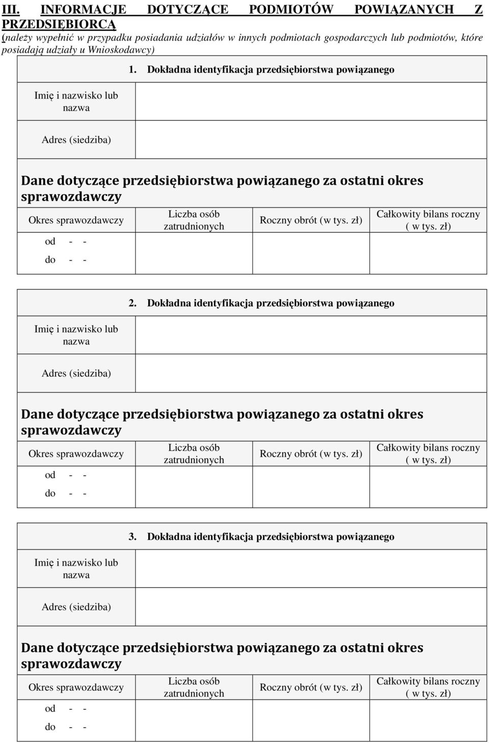 posiadają udziały u Wnioskodawcy) 1. Dokładna identyfikacja przedsiębiorstwa powiązanego 2.