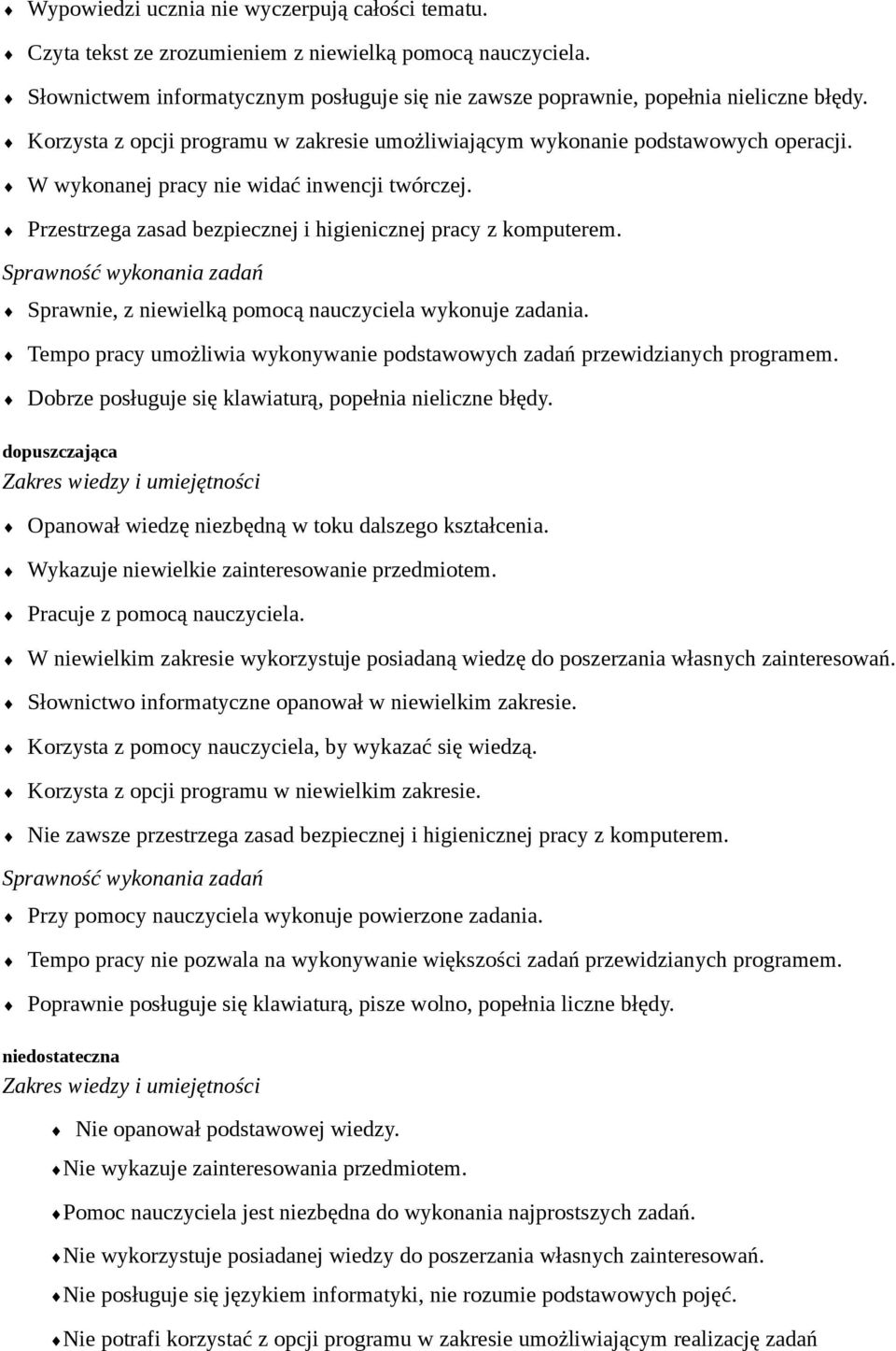 Sprawnść wyknania zadań Sprawnie, z niewielką pmcą nauczyciela wyknuje zadania. Temp pracy umżliwia wyknywanie pdstawwych zadań przewidzianych prgramem.