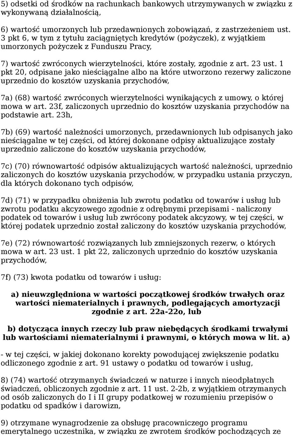 1 pkt 20, odpisane jako nieściągalne albo na które utworzono rezerwy zaliczone uprzednio do kosztów uzyskania przychodów, 7a) (68) wartość zwróconych wierzytelności wynikających z umowy, o której