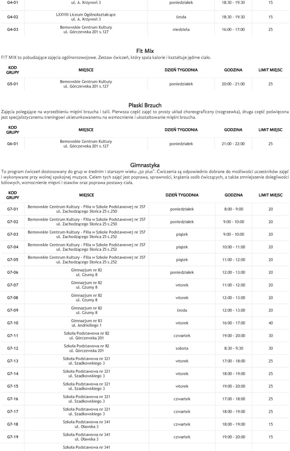 Pierwsza część zajęć to prosty układ choreograficzny (rozgrzewka), druga część poświęcona jest specjalistycznemu treningowi ukierunkowanemu na wzmocnienie i ukształtowanie mięśni brzucha. G6 01 s.