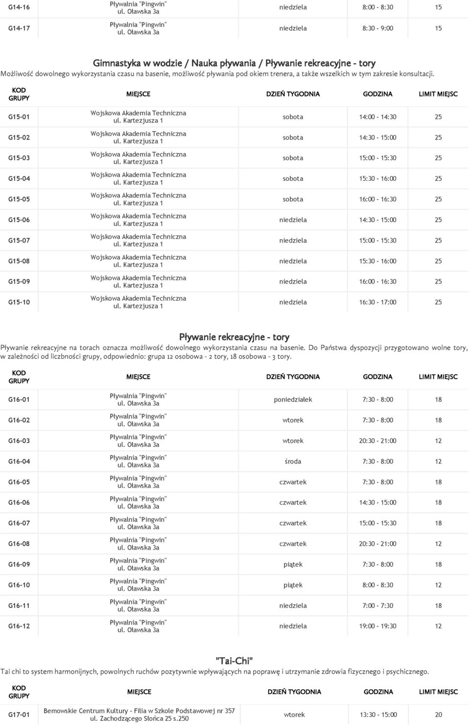 G15 01 G15 02 G15 03 G15 04 G15 05 G15 06 G15 07 G15 08 G15 09 G15 10 sobota 14:00 14:30 25 sobota 14:30 15:00 25 sobota 15:00 15:30 25 sobota 15:30 16:00 25 sobota 16:00 16:30 25 niedziela 14:30