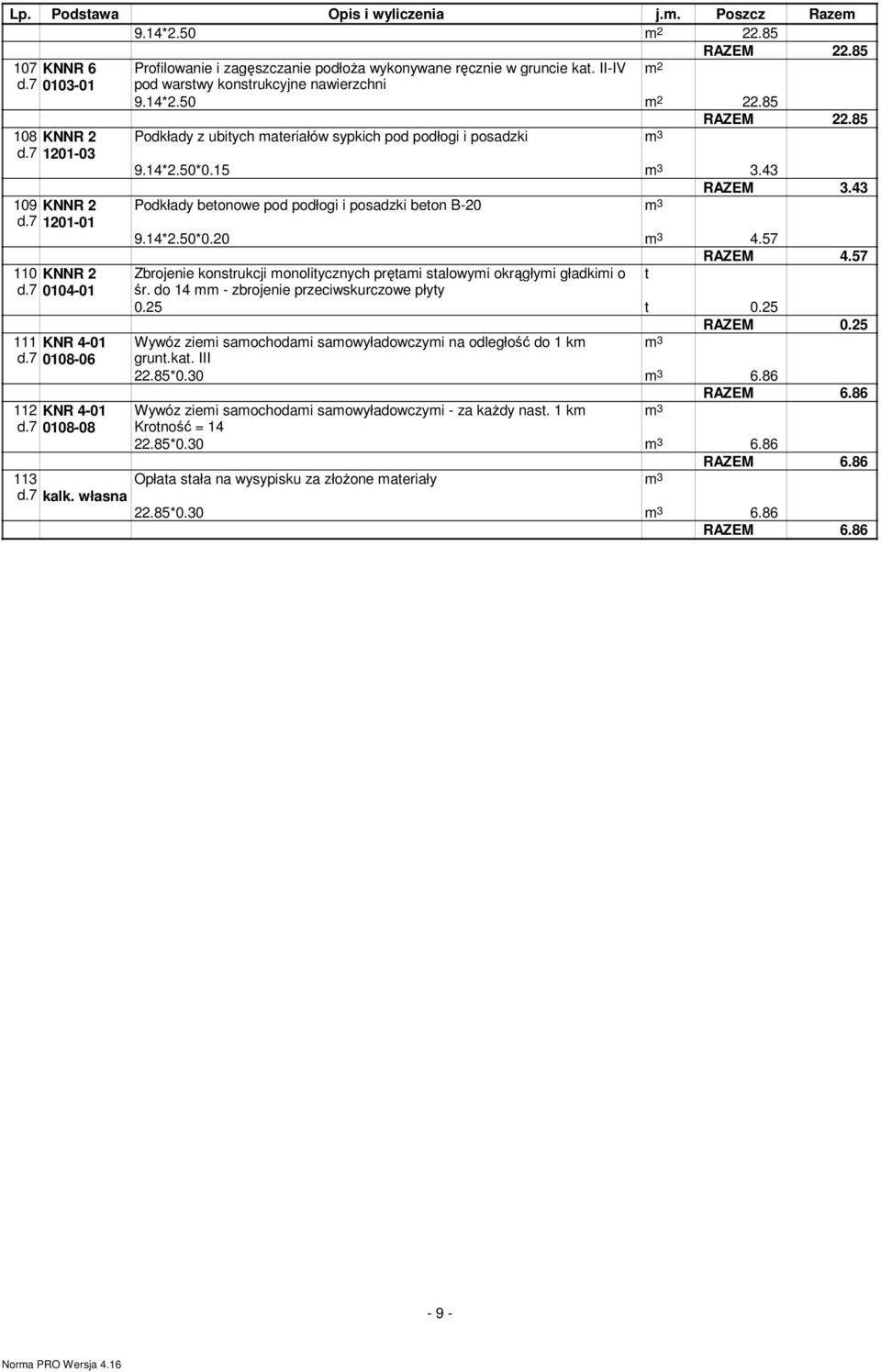 43 RAZEM 3.43 Podkłady beonowe pod podłogi i posadzki beon B-20 9.14*2.50*0.20 4.57 RAZEM 4.57 110 KNNR 2 Zbrojenie konsrukcji monoliycznych pręami salowymi okrągłymi gładkimi o d.7 0104-01 śr.